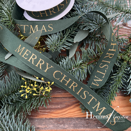 Band Merry Christmas 25 mm Grön med guldtext.