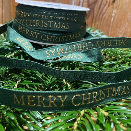 Band Merry Christmas 12 mm grönt med guld text (pris/m)