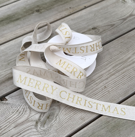 Band Merry Christmas 25 mm Ljus beige med guldtext