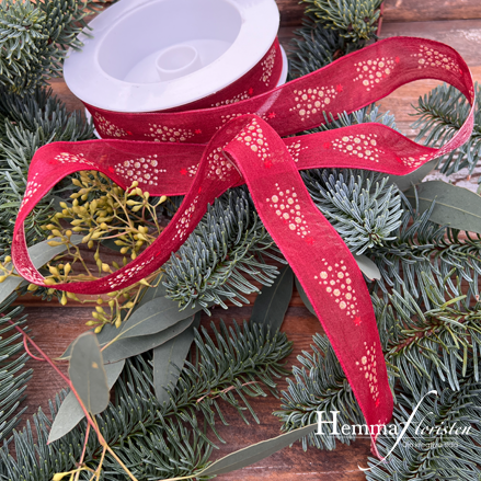 Band Vinrött med Granar och Guldkant, 25 mm – med tråd, säljes /meter