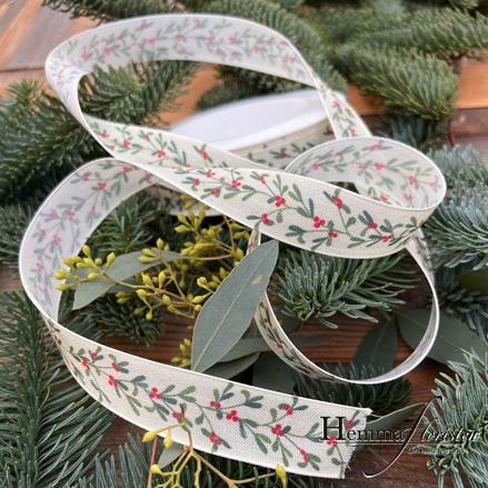 Band med Mistelmönster – Crème, Grönt & Rött (säljes/ meter)