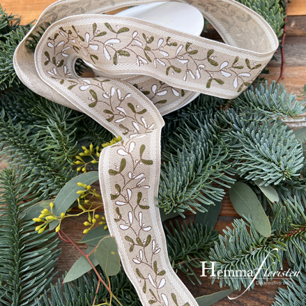 Band Mistel i Linne – Natur, Vit & Grön (säljes/ meter)