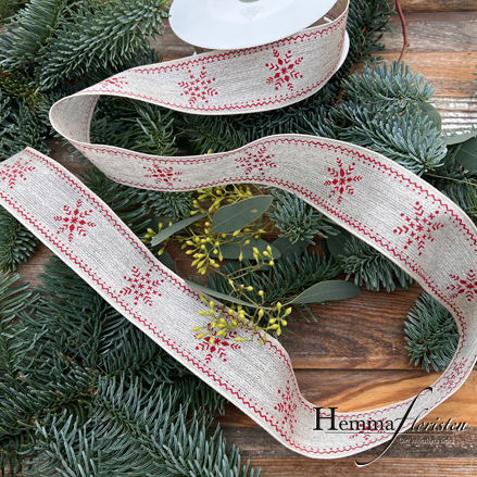 Band Naturfärgat med Röda Snöflingor och Tråd i Kanten – 40 mm (pris/m)