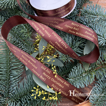 Band "God Jul" på flera språk – Brunt med Guldtext, 25 mm (pris/m)