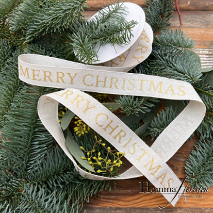 Band Merry Christmas 25 mm Ljus beige med guldtext