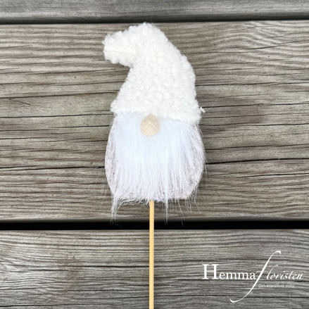 Tomte på Pinne i Tyg/Filt, Vitt Skägg, Creme/Grå Tomteluva