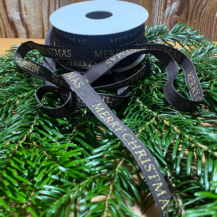 Ribbon Merry Christmas 12 mm brun med guld tekst (pris/m)