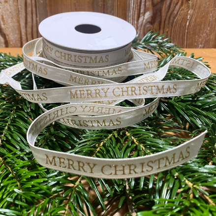 Ribbon Merry Christmas 12 mm Beige med guld tekst (pris/m)